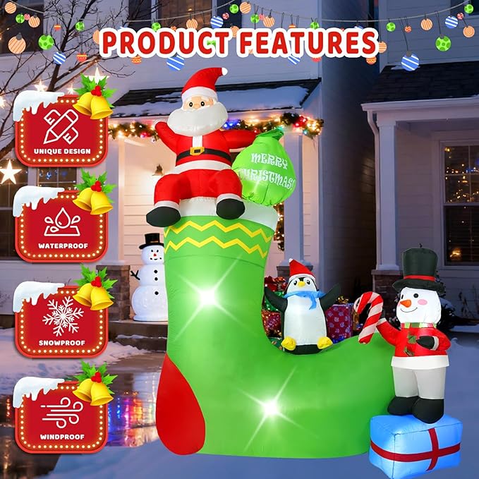 9FT Santa Claus Sitting on a Sock, Built-in LED Lights, Suitable for Christmas Lawn, Garden, Courtyard Outdoor Inflatable Decoration
