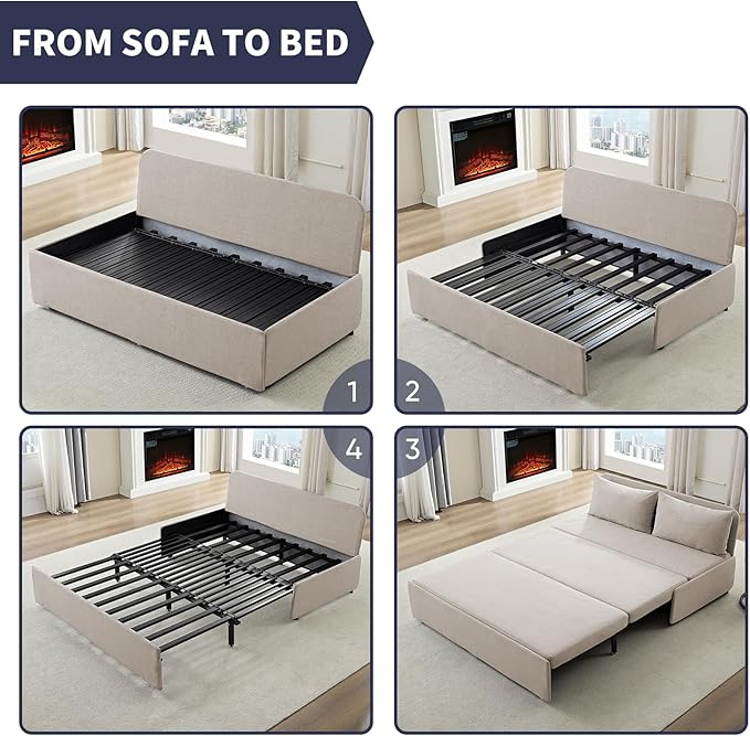 Queen Size Sofa Bed, Pull Out Sofa Bed with Cushions & Throw Pillows, Linen Couch Beds, Modern Convertible Sleeper Sofas Beds, Loveseat for Living Room for Small Spaces - Beige