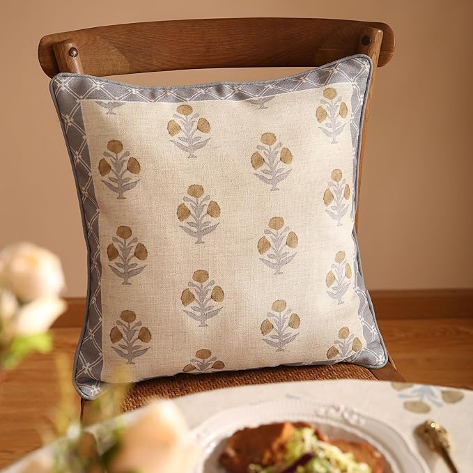 patdrea Designer Square Throw Pillow Covers Set of 2,Rustic Linen with Elegant Grey Blue Floral Pattern Pillows Cover,Decorative Pillowcases Cushion for Bed Living Room Outdoor Car,18 x18 Inches