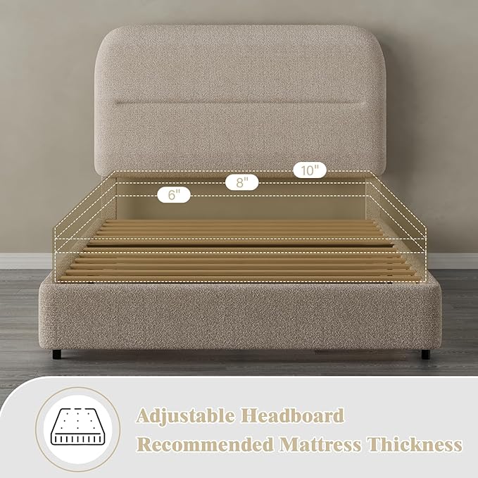 HOMBCK Twin Size Boucle Bed Frame, Upholstered Bed Frame with Headboard, Twin Bed Frames for Kids, Thickened Footboard/Rounded Corners/Adjustable Headboard/No Box Spring Needed/Easy Assembly, Beige