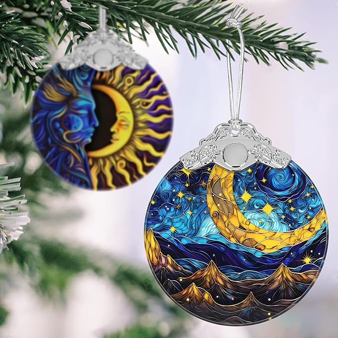 Retro Moon Star Stained Glass Hanging Ornament - Christmas Tree Decoration, Holiday Ornament, Gift Idea