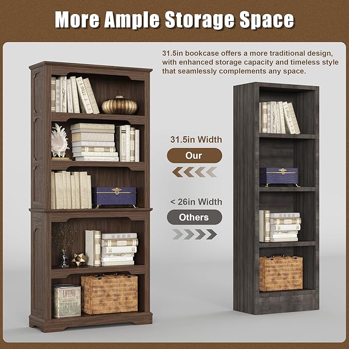 Tall Bookcase, 70 inch Height, 5-Tier Open Storage Shelf, 31.5 in Wide Standing Bookshelves for Home, Office, Bedroom, School, Library, 31.5W * 11.81D *70H (Walnut, Open Storage)