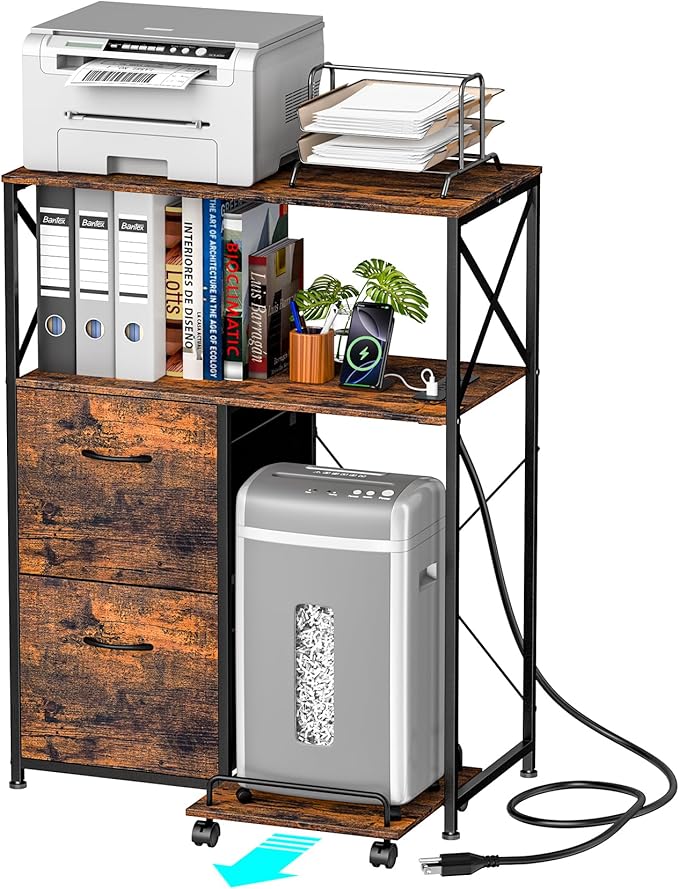 Printer Stand for Home Office, 31.5 x15.7 x 40 Inches Large Mobile Printer Table with Adjustable Storage Shelf, 2 Drawer File Cabinets Rolling Cart with Wheels for Host Computer - Rustic Brown