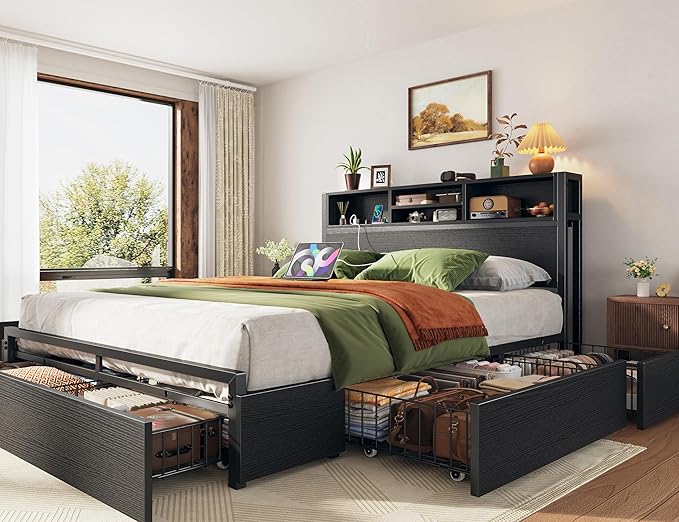 EnHomee Full Size Bed Frame with 6 Storage Drawers Full Bed Frame with Headboard, Storage Bed with Charging Station, No Noise,No Box Springs Needed,Black