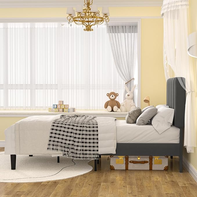 VECELO Twin Size Bed Frame with Upholstered Headboard, Velvet Platform Bedframe Mattress Foundation, Strong Wood Slat Support, No Box Spring Needed,Grey