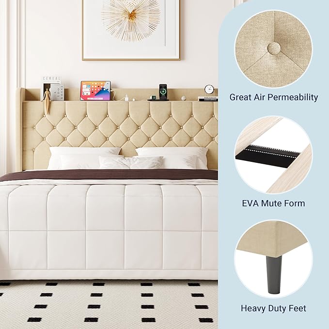 Allewie King Size Bed Frame, Storage Headboard with Charging Station,Wingback Linen Upholstered, Diamond Stitched Button Tufted, Sturdy Wooden Slats, No Box Spring Needed, Easy Assembly, Beige