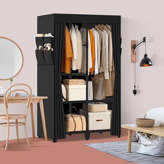 Wardrobe Closet, Quick and Easy Assembly, Black Portable Closet with 2 Hanging Rods 4 Storage Shelves and 8 Side Pockets, Sturdy and Stable Clothes Rack with Cover, for Bedroom and Dormitory