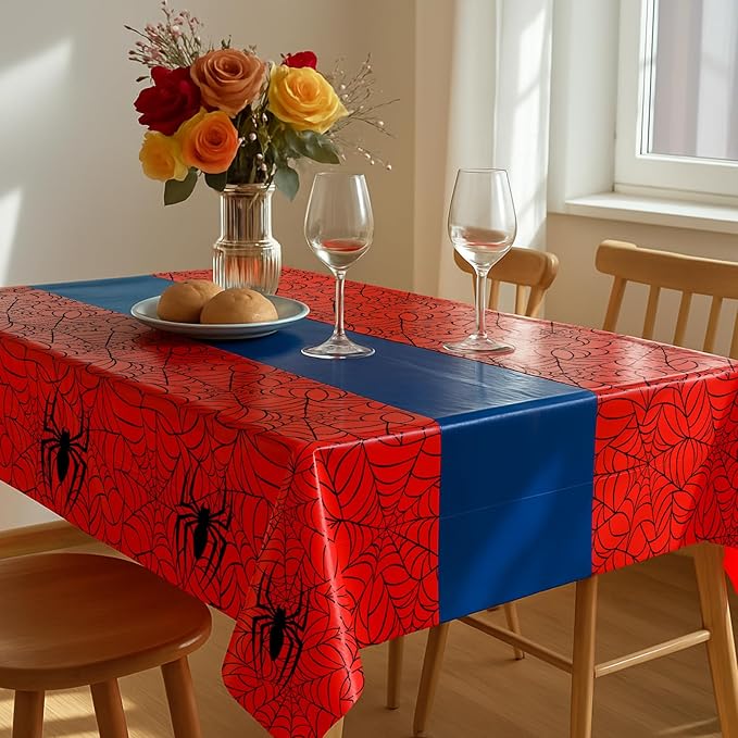 16Pcs 2in1 Spider Birthday Party Decorations Tablecloth, 54" x 108" Super Hero Table Cloth Disposable Rectangle Plastic Table Cover for Kids Baby Shower Wedding Party Supplies