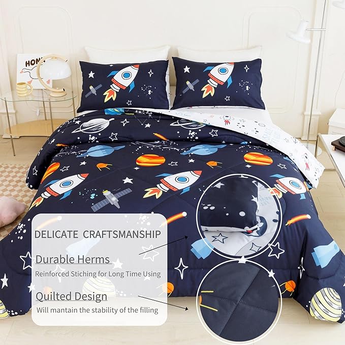 RYNGHIPY Kids Comforter Set Queen Size, Cute Space Rocket Bedding Set for Boys Girls, Teen Boy Bedding (Space Rocket, Queen)