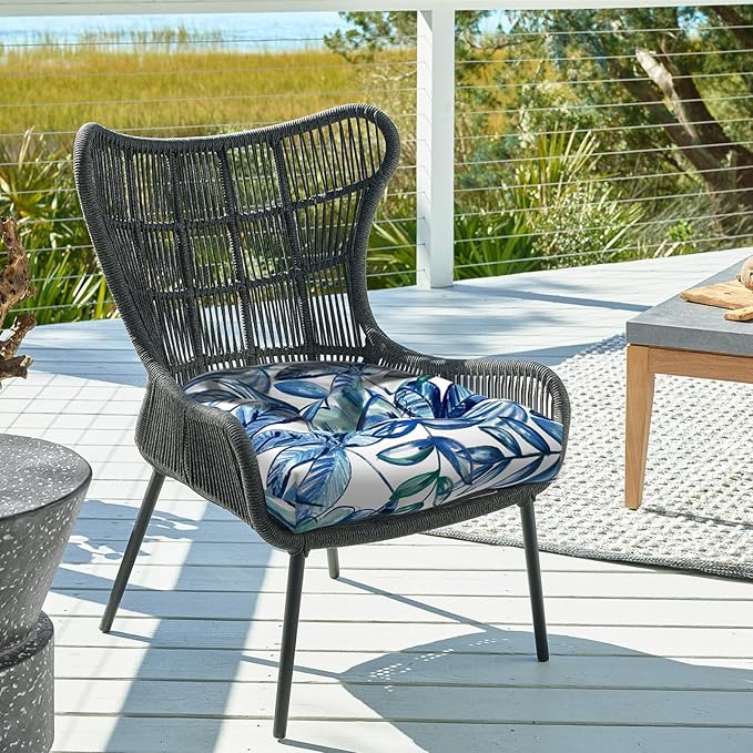 Set of 2 Outdoor Tufted Chair Cushions 19"x19"x4", Water Repellent Patio Seat Cushions with Ties, Replacement Chair Pads for Wicker Dining and Patio Furniture - Leaves Ink Blue