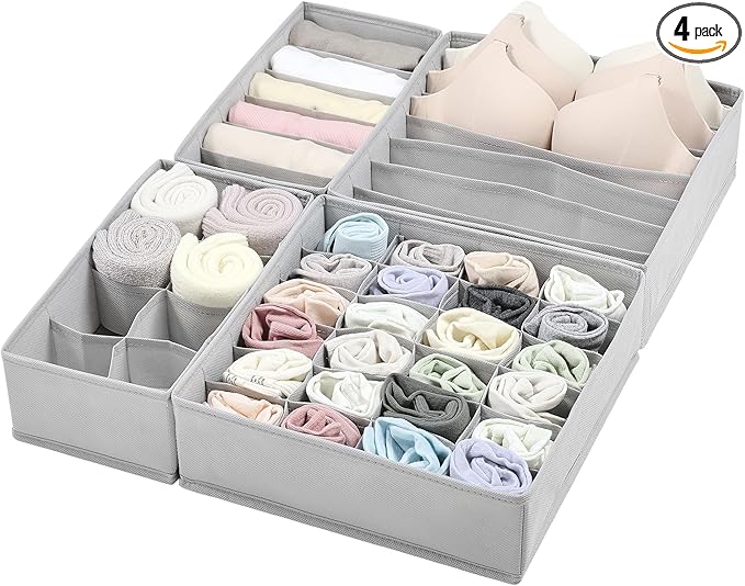 Vtopmart 4 Pack Underwear Drawer Organizers Set, 6+7+8+24 Cells Clothes Drawer Dividers Dresser Organizers Bins for Socks, Bras, Scarves, Ties, Non-Woven Fabric Storage Boxes for Closet, Nursery