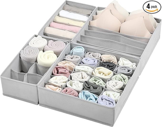 Vtopmart 4 Pack Underwear Drawer Organizers Set, 6+7+8+24 Cells Clothes Drawer Dividers Dresser Organizers Bins for Socks, Bras, Scarves, Ties, Non-Woven Fabric Storage Boxes for Closet, Nursery