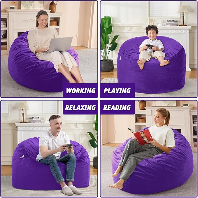 3FT Bean Bag Chair with Ultra Soft Velvet Cover Bean Bag Sofa with Memory Foam Bean Bag Chairs with Large Size Lazy Sofa for Dorm Office Living Room Bedroom Purple 3'