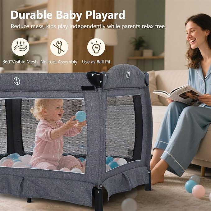 Kinder King 4 in 1 Foldable Pack n Play with Bassinet & Changing Table, Portable Nursery Center for Babies and Toddlers, Convertible Newborn Crib Baby Bed with Toys & Canopy, Storage Bag, Light Gray