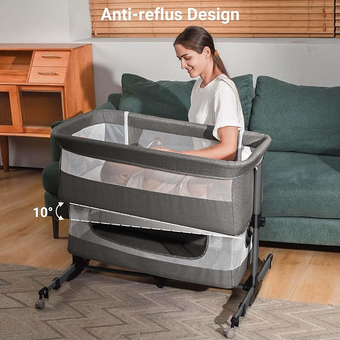 3 in 1 Baby Crib,Bassinet Bedside Crib Adjustable Portable Bed for Infant,Baby Newborn Must Have Bed,Grey