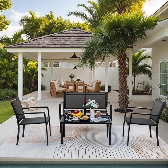 Greesum 4 Pieces Outdoor Furniture Set All Weather Patio Conversation Set with Porch Loveseat, Garden Bistro Chairs with Glass Coffee Table for Garden Backyard Poolside Textile Modern, Black