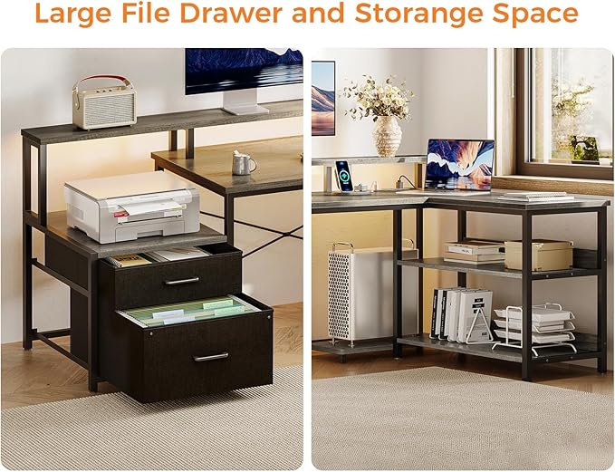 ODK L Shaped Desk with File Drawer, 75" Reversible L Shaped Computer Desk with Power Outlet & LED Strip, Office Desk with Storage Shelves, Gaming Desks with Monitor Shelf, Corner Table, Grey Oak