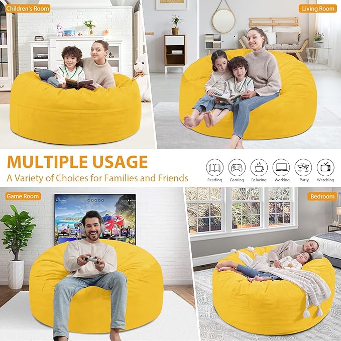 3FT Bean Bag Chair, Comfy Bean Bag Chairs with Memory Foam Filled, Fluffy Beanbag Sofa with Dutch Velvet Cover, Round BeanBag Chairs for Living Room, Playroom - Lemon
