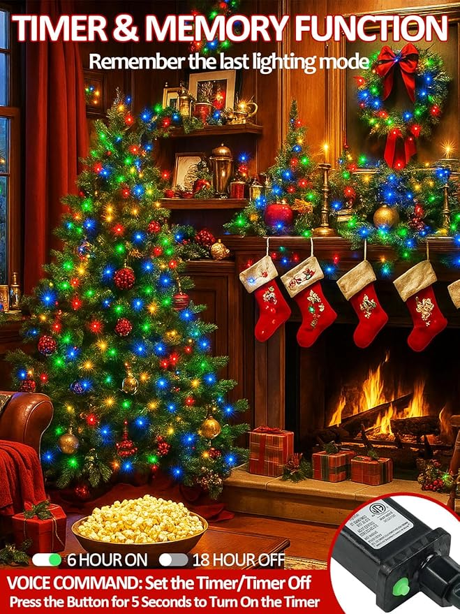 Voice Controlled Smart Christmas Lights Outdoor, 75.8ft 200 LED Extendable String Lights with 7 Voice Commands, 12 Modes & Timer, Waterproof Christmas Decorations for Party Tree Garden(Multicolor)