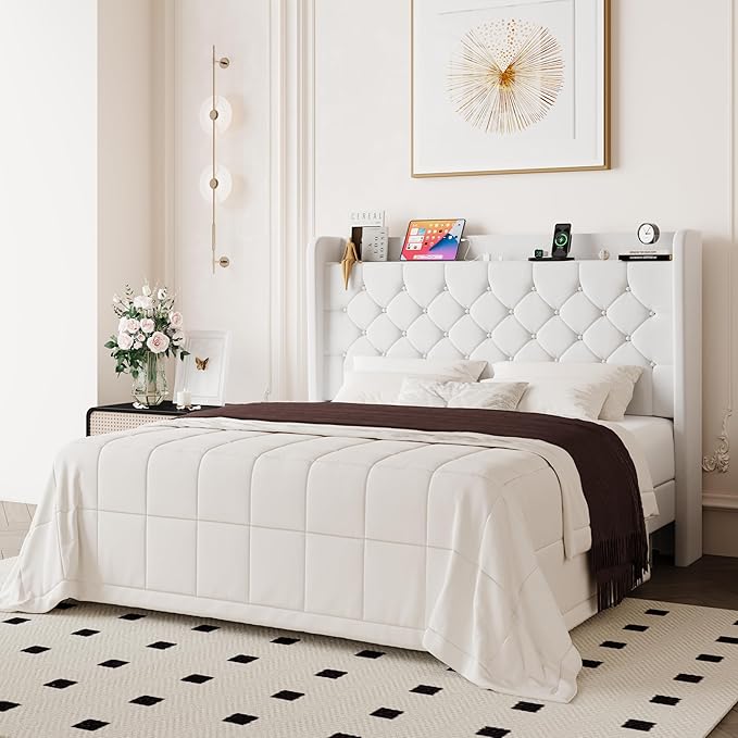 Allewie Queen Size Bed Frame, Storage Headboard with Charging Station, Wingback Velvet Upholstered, Diamond Stitched Button Tufted, Sturdy Wooden Slats, No Box Spring Needed, Easy Assembly, White