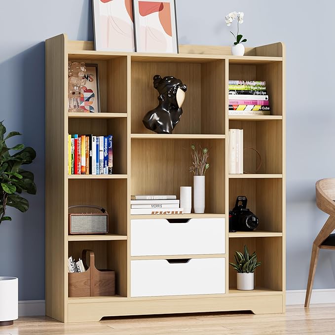 Cozy Castle Kids Bookshelf with Storage, Toy Storage Organizer with 2 Drawers and 10 Cubes 4-Tier Bookcase for Bedroom, Playroom, Hallway, Living Room(Oak & White)