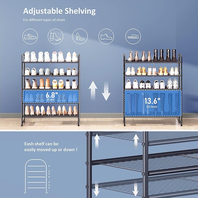 SUFAUY Shoe Rack, 5-Tier 33" Wide Shoe Storage Rack for 24-30 Pairs of Shoes, Mesh Shoe Organizer for Entryway Closet, Steel Frame, Industrial, Black