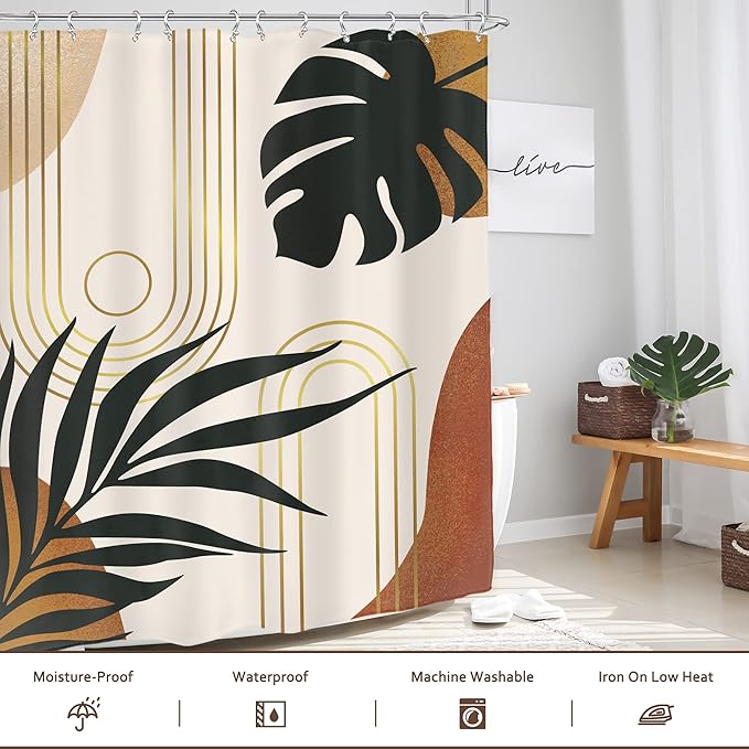 Glawry Boho Mid Century Shower Curtain 60Wx72L Inches Abstract Tropical Palm Leaves Modern Minimalist Plant Botanical Geometric Bathroom Aesthetic Bath Accessories Art Home Decor Fabric 12 Pack Hooks