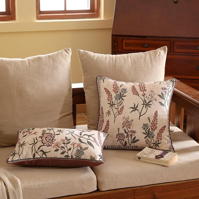 Design Linen Vintage Throw Pillow Covers 18"x18" Pack of 2, Square Cushion Covers with Blue Pink Flowers Green Leaves Pattern Decoration Pillowcases for Bed,Living Room,Outdoor,Car