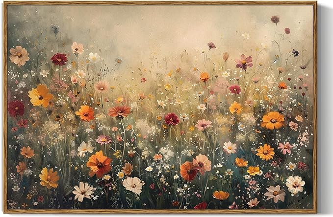 InSimSea Framed Canvas Wall Art Vintage Decor, Wall Decor for Living Room Bedroom Office Bathroom, Large Nature Landscape Flower Wildflower Oil Painting Prints, Home Decorations, 16x24inch