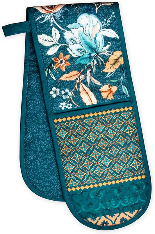 Maison d' Hermine Double Oven Mitt (7" x 35") 100% Cotton Heat Resistant BBQ Cooking Gloves with Loop for Thanksgiving Christmas Decorations Baking Cooking Handling Hot Pan (Luxury Loft - Dark Teal)