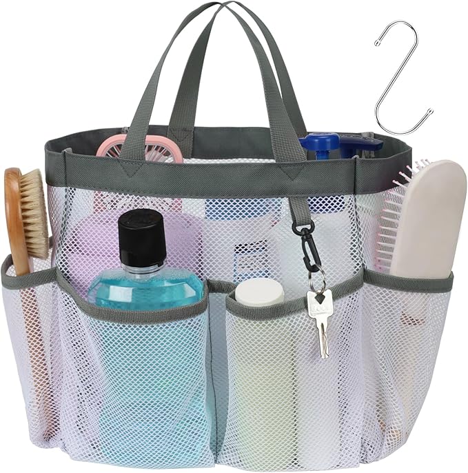 F-color Mesh Shower Caddy Portable, Upgrade Deeper 7 Pockets Shower Bag Basket Tote for College Dorm Room Toiletry Bathroom Essentials Gym Camp Quick Dry 2 handles with S Hook, White
