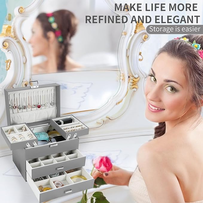 Dajasan Jewelry Holder Organizer Box, Jewelry Boxes for Women Girls, 4 Layers Large Jewelry Storage Box for Earring, Ring, Necklace, Bracelets (Grey)