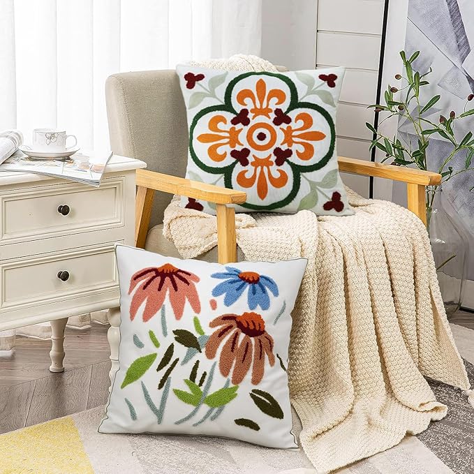 Merrycolor Boho Decorative Throw Pillow Cover 18x18 Colorful Embroidered Pillow Covers Textured Aesthetic Pillow Cases Bohemian Modern Farmhouse Pillow Covers for Couch Bed,1PC