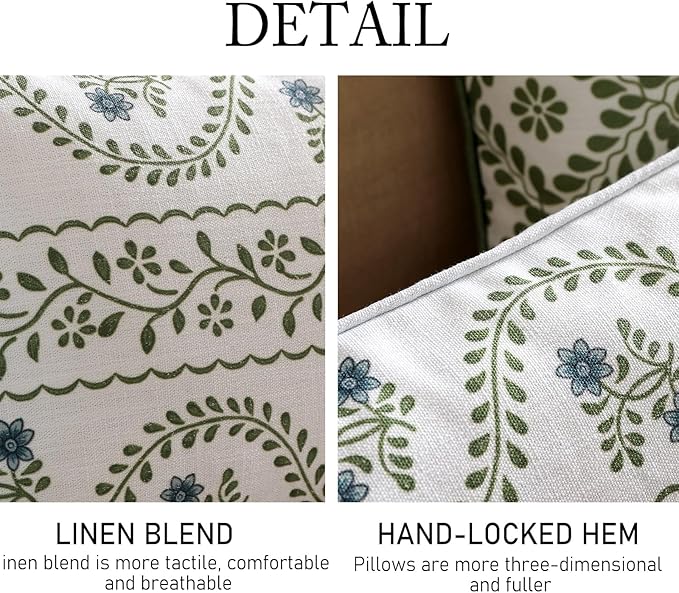 Design Fresh Linen Rectangular Throw Pillow Covers 12"x20" Pack of 2, French White Cottage Cushion Covers with Green Branches Pattern Decoration Pillowcases for Bed,Living Room,Outdoor,Car