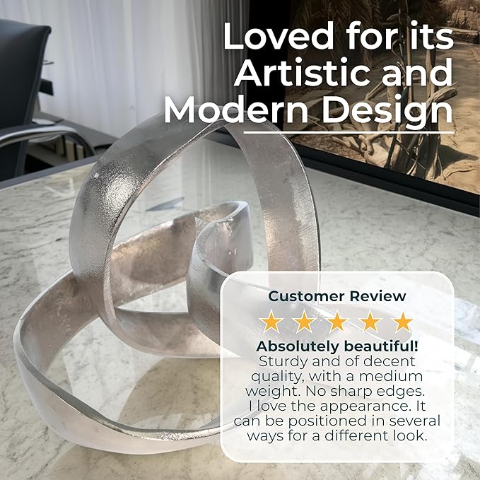 Metal Decorative Object – Minimalist Shelves & Coffee Table Decor – Aluminum Knot Sculpture Modern Home Decor for Office, Bedroom & Living Room – 8" x 7", Silver