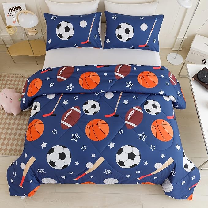 RYNGHIPY Kids Sports Theme Bedding Set, Basketball Football Baseball Tennis Print Comforter Set for Teens Boys Girls, Super Soft Lightweight (Balls,Queen)