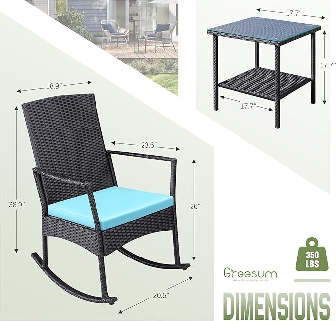 Greesum 3 Pieces Patio Furniture Set Outdoor Wicker Rocking Chairs with Glass Coffee Table for Garden Backyard Porch Poolside, Blue