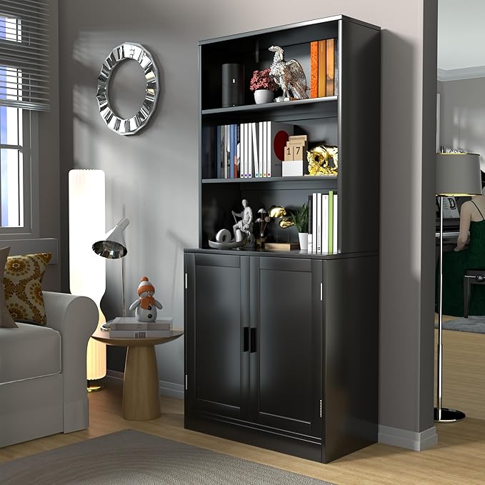 75" Tall Bookcase with Doors, 5 Tier Large Bookshelf with Cabinet, Standing Wood Display Book Shelf for Living Room, Office, Library with Doors, Black