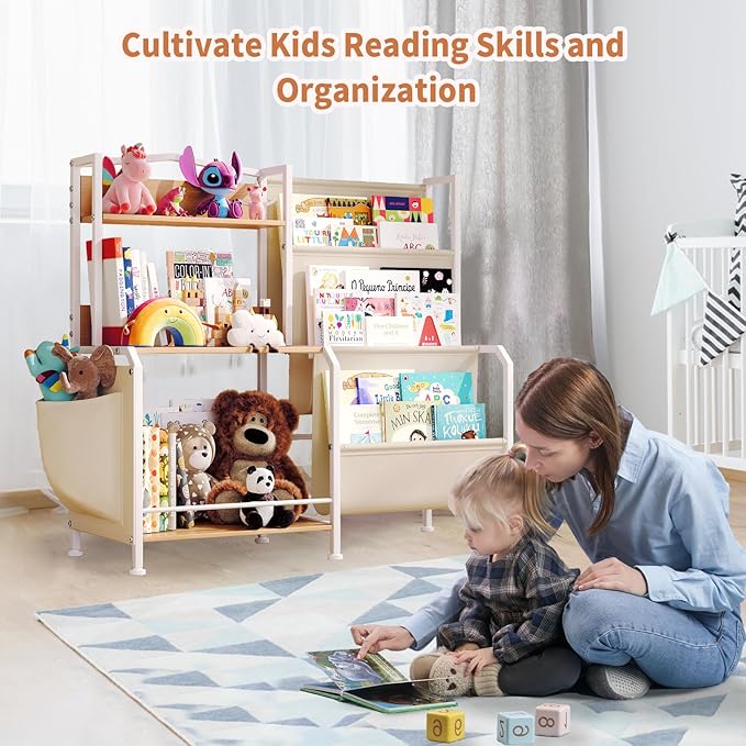 Kids Bookshelf and Toy Storage Organizer, 3 Tier Bookshelf for Kids Rooms, Nursery Book Shelves, Montessori Toddler Book Shelf, Baby Toy Shelf Kid Books Rack