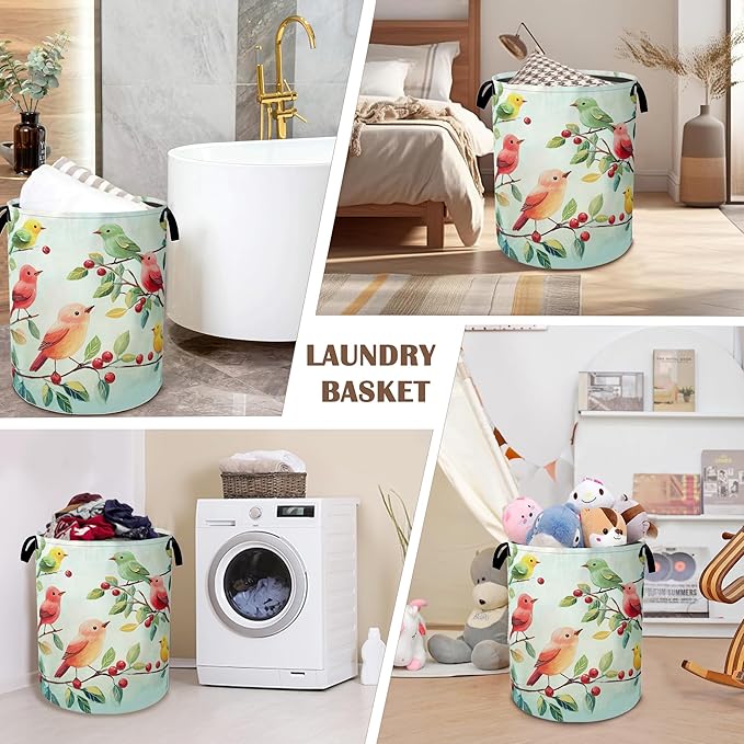 Colorful Bird Green Leaves Collapsible Laundry Baskets,Laundry Hamper,Storage Basket with Handles for Bathroom Bedroom College Dormitory Living Room Nursery Organizer 16"x20"