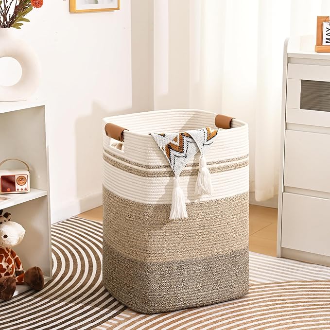 Laundry Hamper, 95L Tall Laundry Basket with Leather Handles, Rectangle Large Clothes Hamper for Organizing, Cotton Woven Laundry Baskets Storage Hampers for Bedroom, Nursery, Living Room