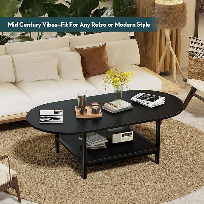 SAYGOER Black Coffee Table Modern Extended Coffee Tables with Storage for Living Room 2-Tier Unique Center Table with Two Folding Panel for Any Large or Small Space,Foldable, All Black