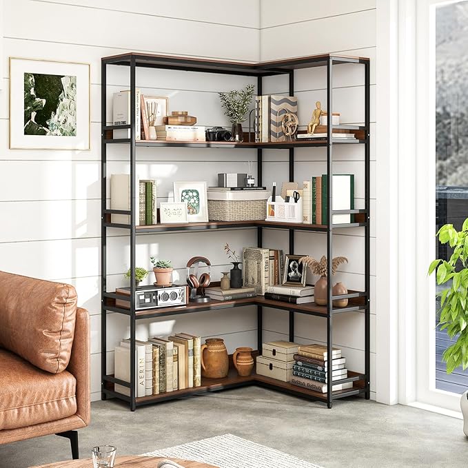 Tangkula Large Corner Bookshelf, 90 Degrees 5-Tier Industrial Wood Open Corner Bookcase for Small Spaces, Heavy-Duty Metal Frame, 71”H L-Shaped Storage Display Rack for Living Room (Walnut)