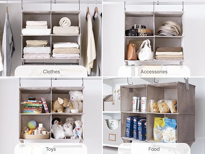 StorageWorks Hanging Closet Organizer with Metal Rod, 4-Section Closet Organizers and Storage, Collapsible Hanging Shelves for Baby Clothes, Shoes, Sweater Storage, Brown and Beige