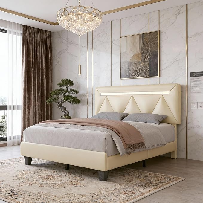 Full Size Bed Frame with LED Lights and Charging Station, Faux Leather Linen Fabric Adjustable Headboard,Modern Upholstered Bed, Sturdy Wood Slat Support, Easy Assemble, Beige