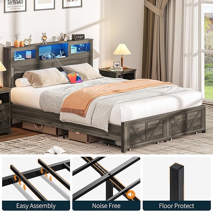 Yoobure Farmhouse Queen Bed Frame with Headboard - Bed Frame Queen Size with Charging Station & LED Lights, Wood Bedframe Queen-Size with 2 Storage Drawer, Platform Beds, No Box Spring Needed, Grey
