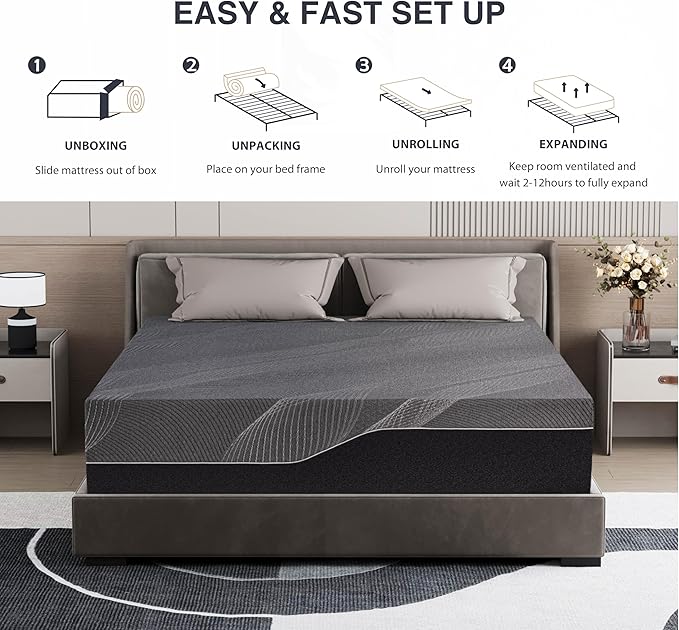 Twin XL Mattress 14 Inch Charcoal Gel Memory Foam in a Box, CertiPUR-US Certified Fiberglass Free, Cooling Mattress, Made in The USA of US Foam, 80" × 38" × 14", Medium