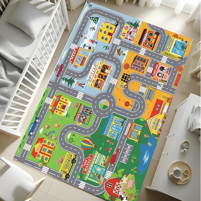 Car Rugs for Kids Toy Cars,Kids Play Rug with Non-Silp Backing, City Road Carpet for Playroom Bedroom Boys, Car Track Map Playmat - 4'11" x 3'3" (Rectangular)