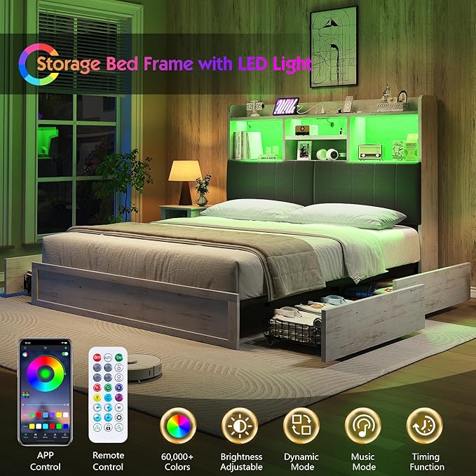 King Farmhouse Bed Frame with Bookcase Headboard and 4 Drawers, LED Storage Bed with Charging Station & Linen Upholstered, No Box Spring Needed, Distressed White