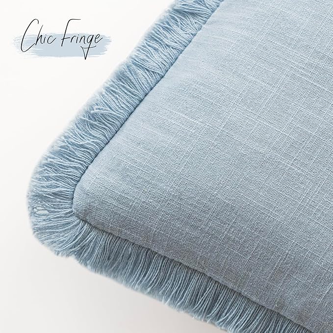 Foindtower Set of 2 Decorative Linen Fringe Throw Pillow Covers Boho Farmhouse Cushion Cover with Tassels Soft Accent Pillowcase for Couch Chair Sofa Bed Living Room Home Decor,22×22 Inch,Sky Blue
